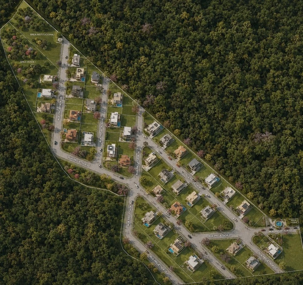 Masterplan renderizado do Portal de Tombos, em Tombos/MG, com as ruas projetadas, a área institucional e as áreas verdes