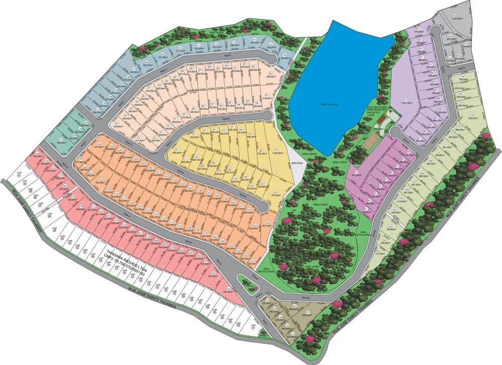Masterplan setorizado do Vale dos Passos, em Bicas/MG, com a divisão das quadras B a I, o lago e as áreas verdes