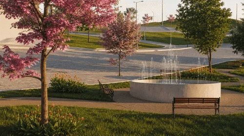 Projeto da praça com chafariz, bancos e paisagismo do Portal de Tombos, em Tombos/MG